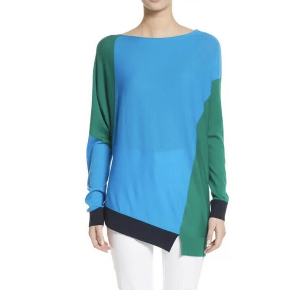 St John | Colorblock Wool Top Womens Lg Blue Long Sleeve Pullover Asymmetrical - Picture 1 of 12